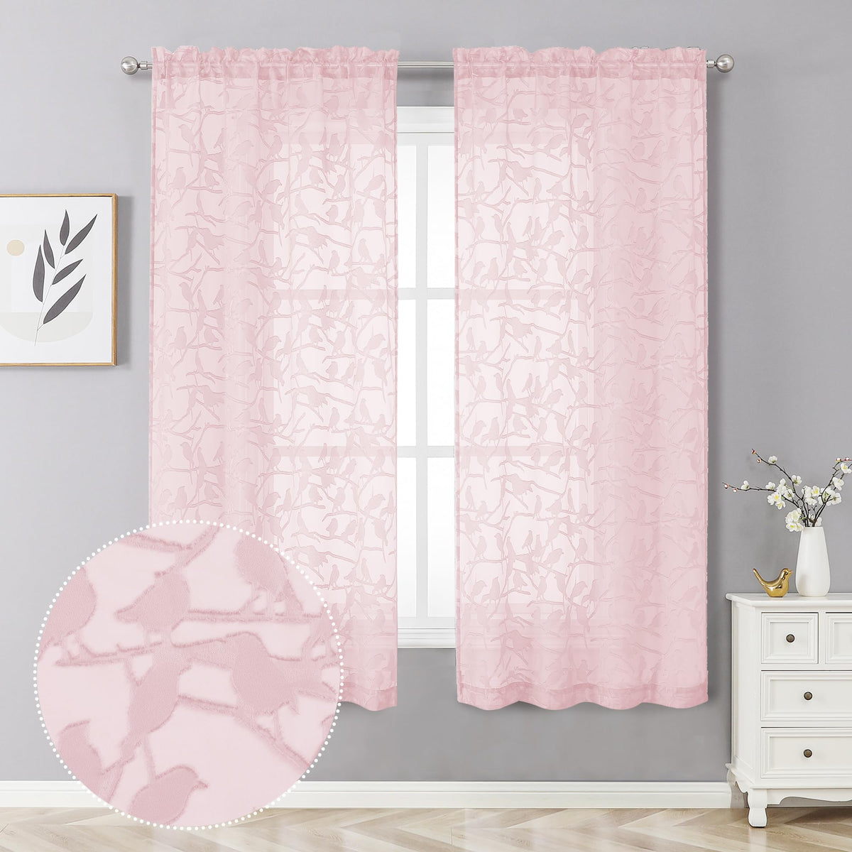 OVZME Sage Green Sheer Curtains 63 Inch Length 2 Panel Set, Light Filtering Bedroom Curtains with Dual Rod Pocket Top, Leaf Bird Clip Jacquard Sheer Farmhouse Window Drapes for Living Room, 2x38Wx63L