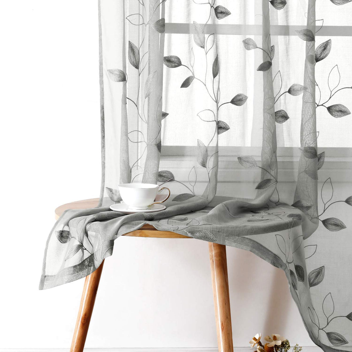 HOMEIDEAS Sage Green Sheer Curtains Leaf Embroidered, 52x84 Inch, 2 Panels