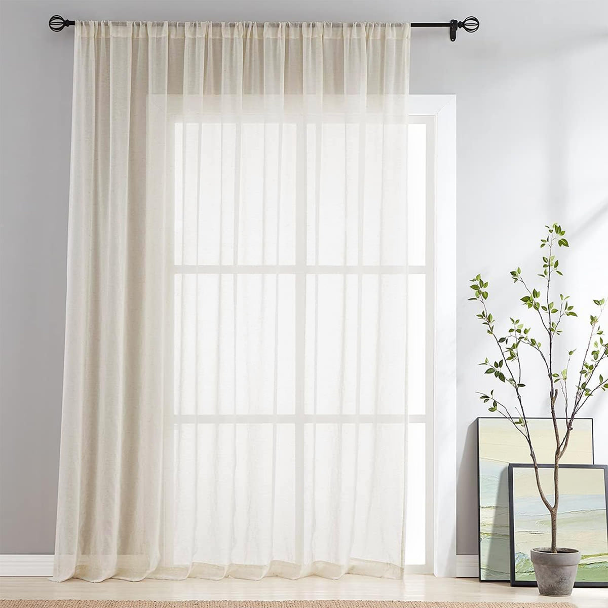 FMFUNCTEX Beige Linen Pinch Pleated Sheer Curtains, 96 Inches, 2 Panels