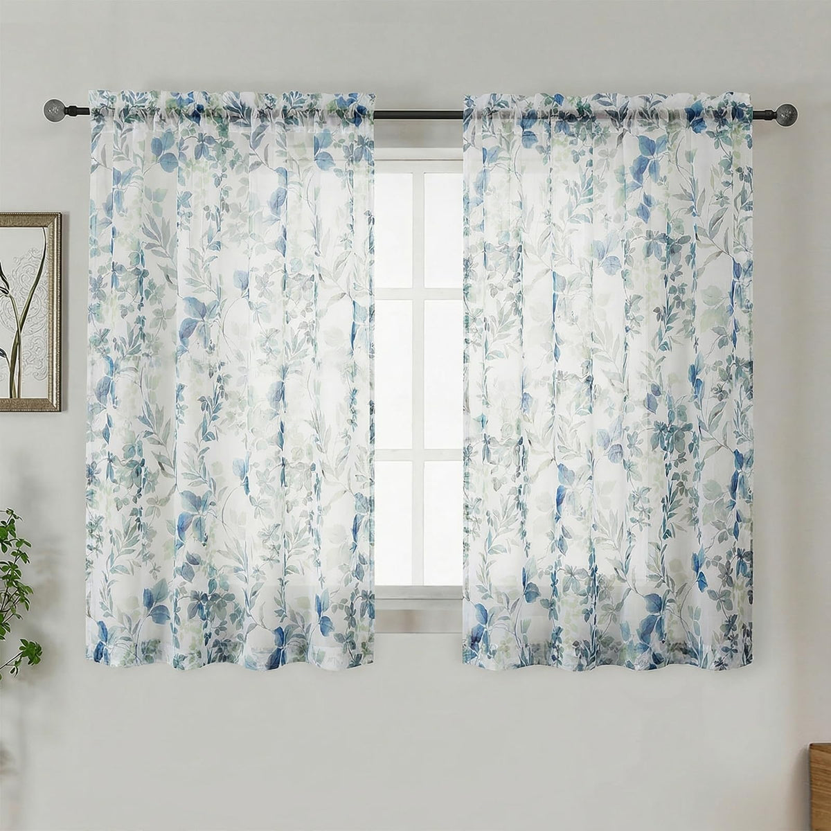 OWENIE Crushed Sheer Curtains 63 Inch Length 2 Panels Set, Sheer Floral Curtians with Printed Leaves Design, Printing Drapes for Living Room, Rod Pocket Light Filtering Window Sheers 42" W x 63" L