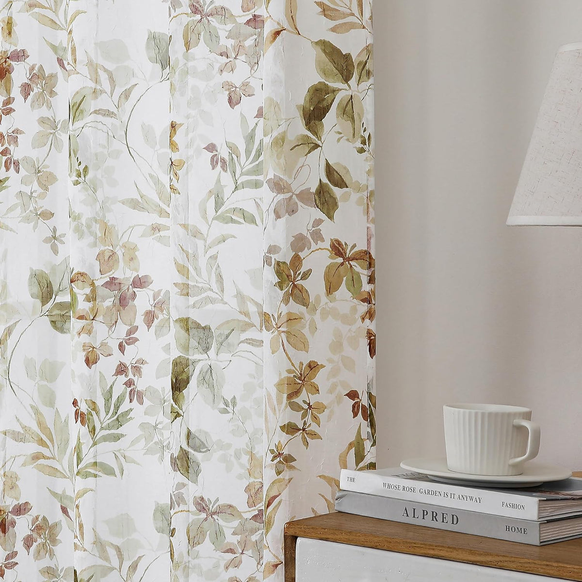 OWENIE Crushed Sheer Curtains 63 Inch Length 2 Panels Set, Sheer Floral Curtians with Printed Leaves Design, Printing Drapes for Living Room, Rod Pocket Light Filtering Window Sheers 42" W x 63" L