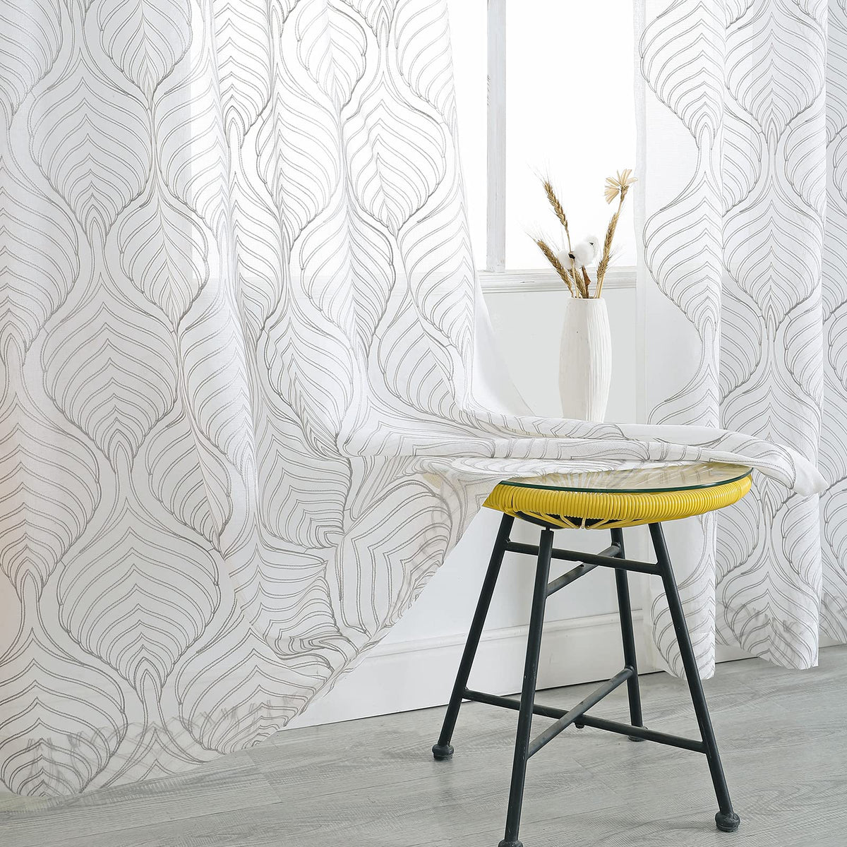 VISIONTEX White Sheer Curtains Grey Moroccan Embroidered 63 Inch Length