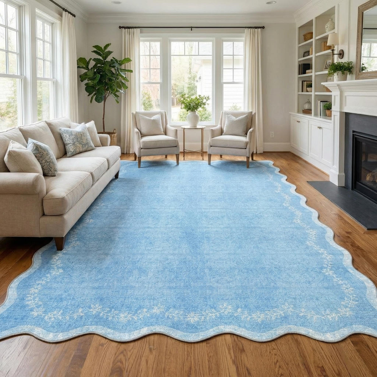 GarveeHome 5x7 Scalloped Area Rug Jute Washable Bedroom Living Room Rug