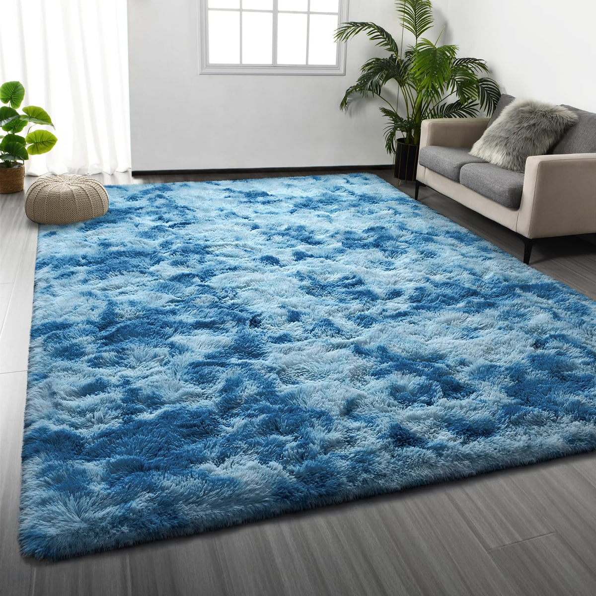 Deerhoo Large Shag Area Rugs 5 x 8, Tie-Dyed Plush Fuzzy Rugs, Light Grey