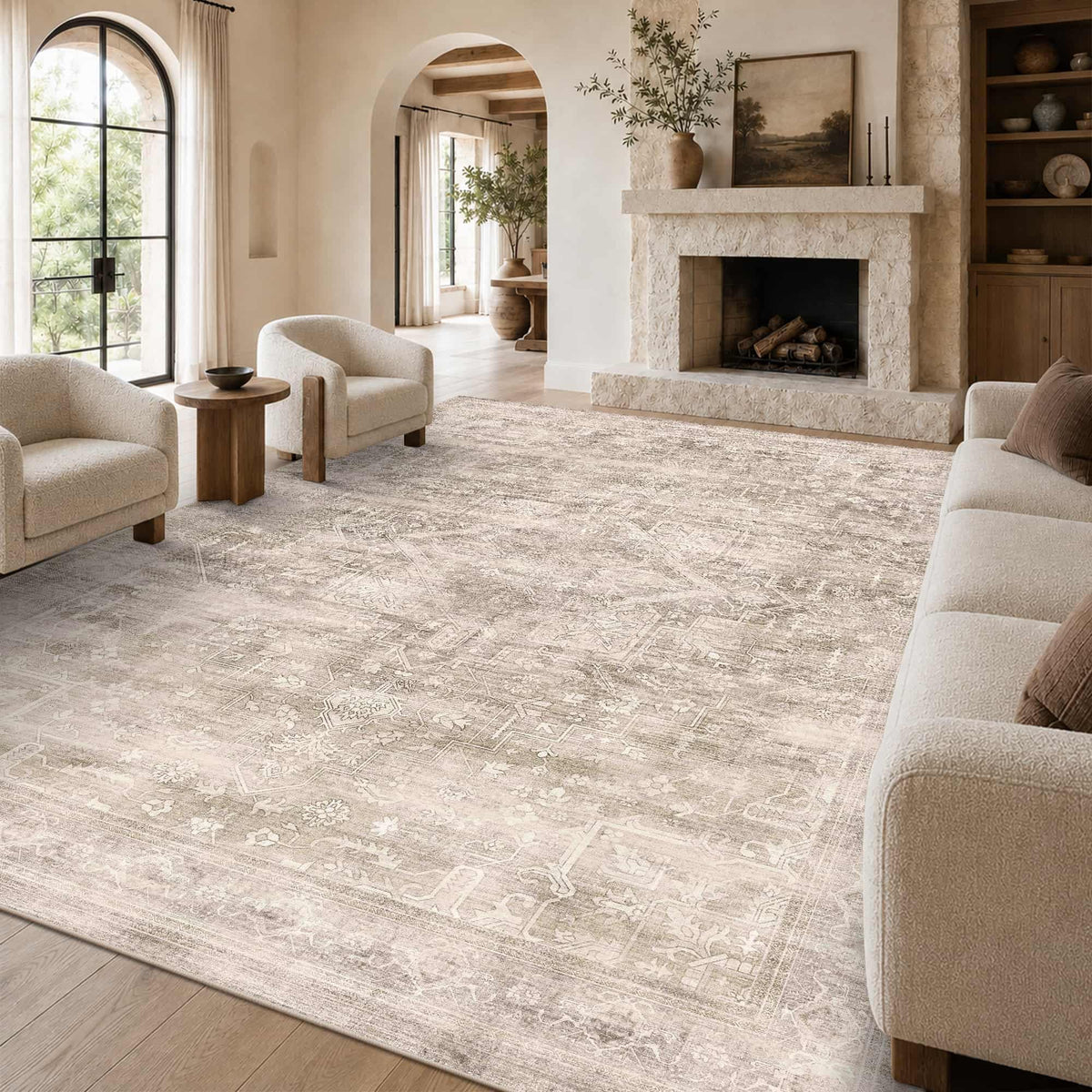 8x10 Washable Boho Area Rug, Dark Beige Farmhouse for Living Room