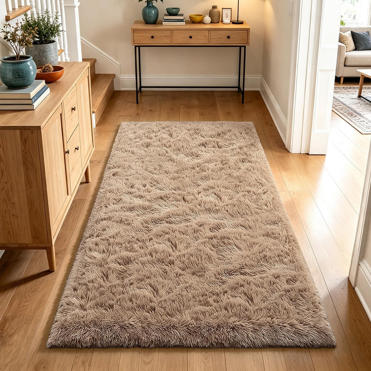 Beige 8x10 Area Rugs for Living Room, Fluffy Shag Rug Large Bedroom Carpet