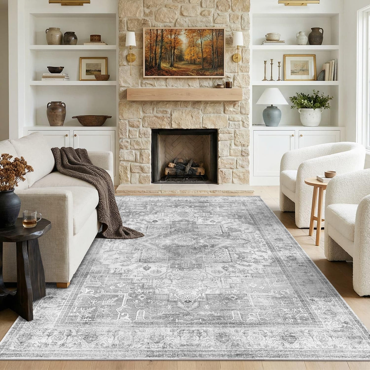 8x10 Washable Boho Area Rug, Dark Beige Farmhouse for Living Room