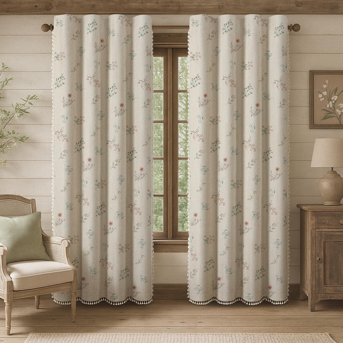 Boho Floral Light Filtering Curtains 84 Inch 2 Panels Linen Texture