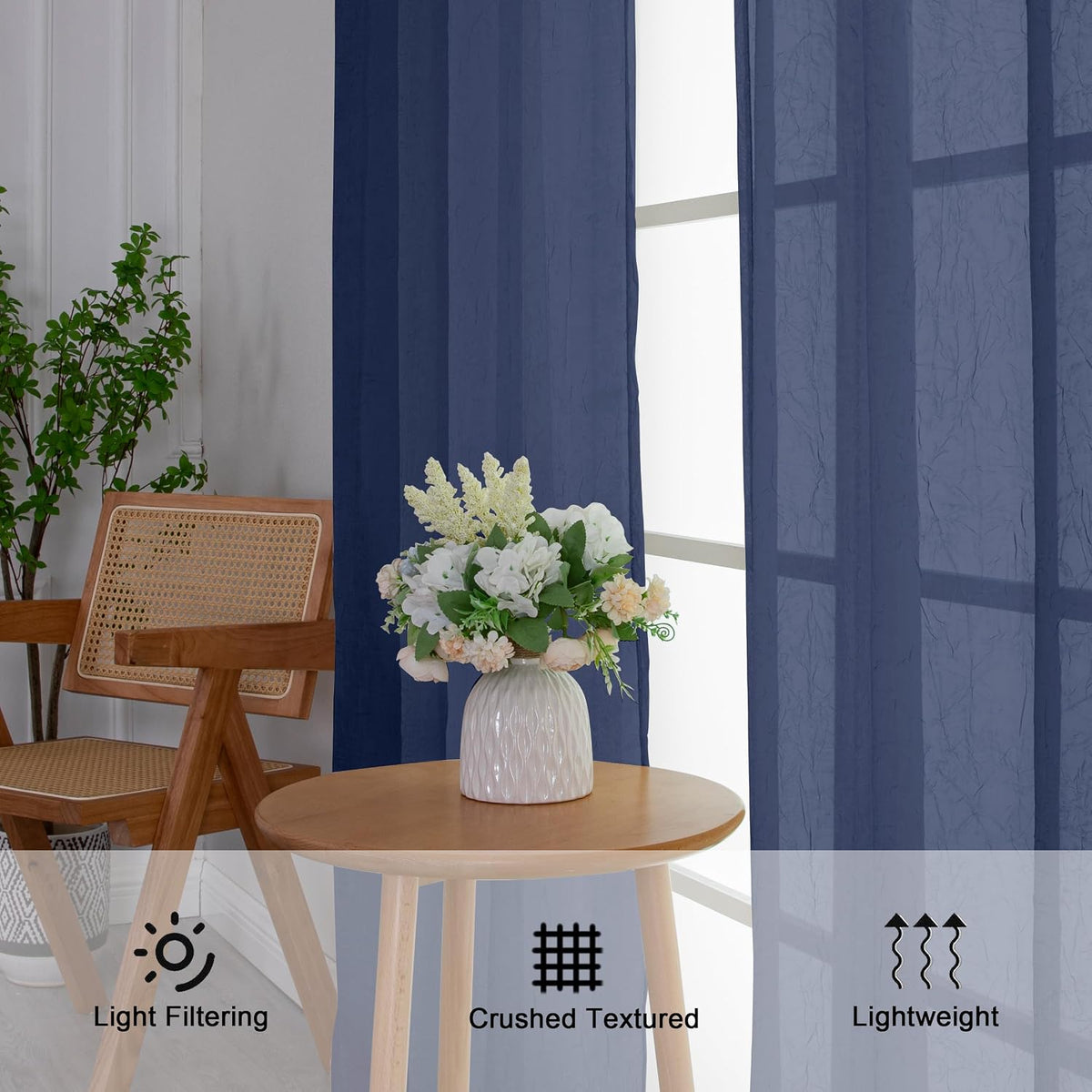 Chyhomenyc Crushed Sheer Navy Blue Curtains 84 Inch Length 2 Panels, Light Filtering Solid Crinkle Voile Lightweight Rod Pocket Sheer Curtian for Bedroom Living Room, Each 42Wx84L Inches