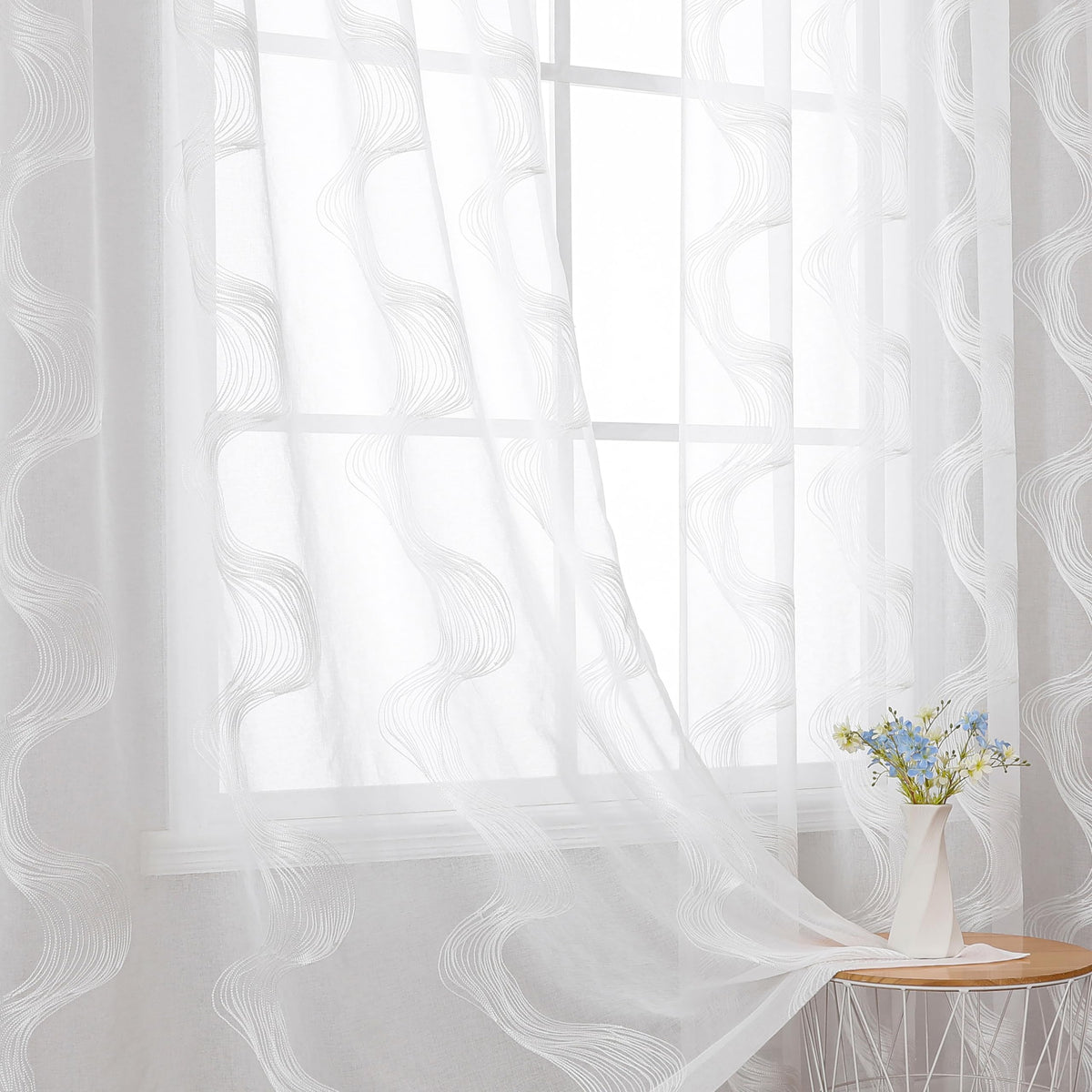 VISIONTEX White Sheer Curtains Grey Moroccan Embroidered 63 Inch Length