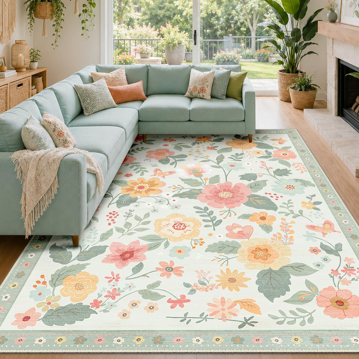 RELEANY Floral Washable 5x7 Area Rugs Pink