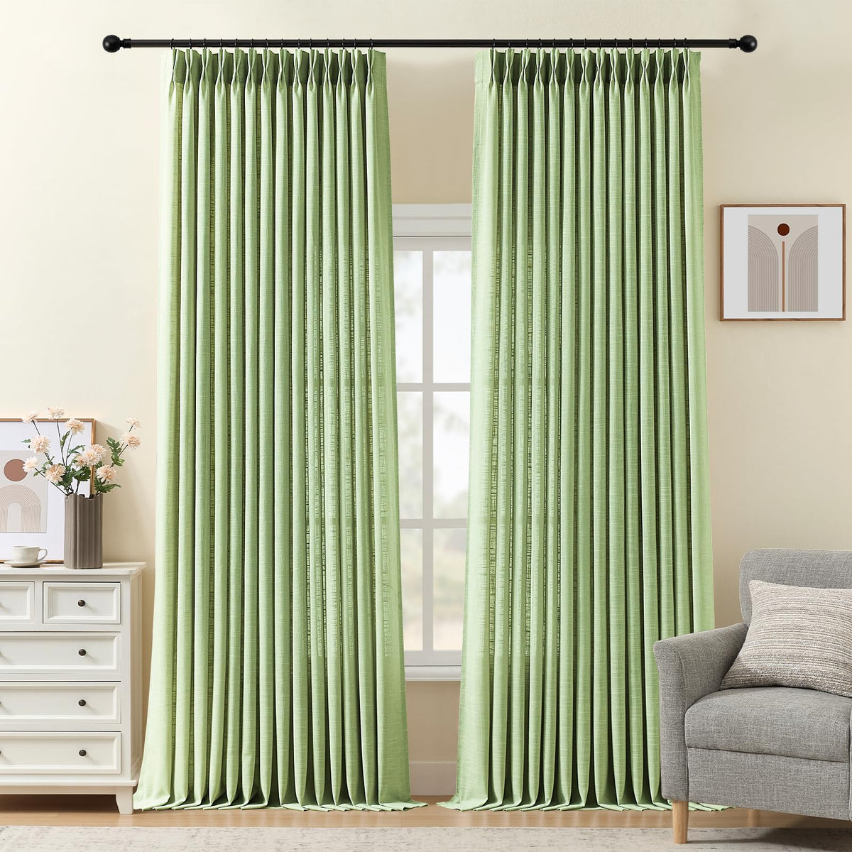 Pinch Pleated Linen Curtains 96 Inches Semi Sheer Light Filtering, 2 Panels