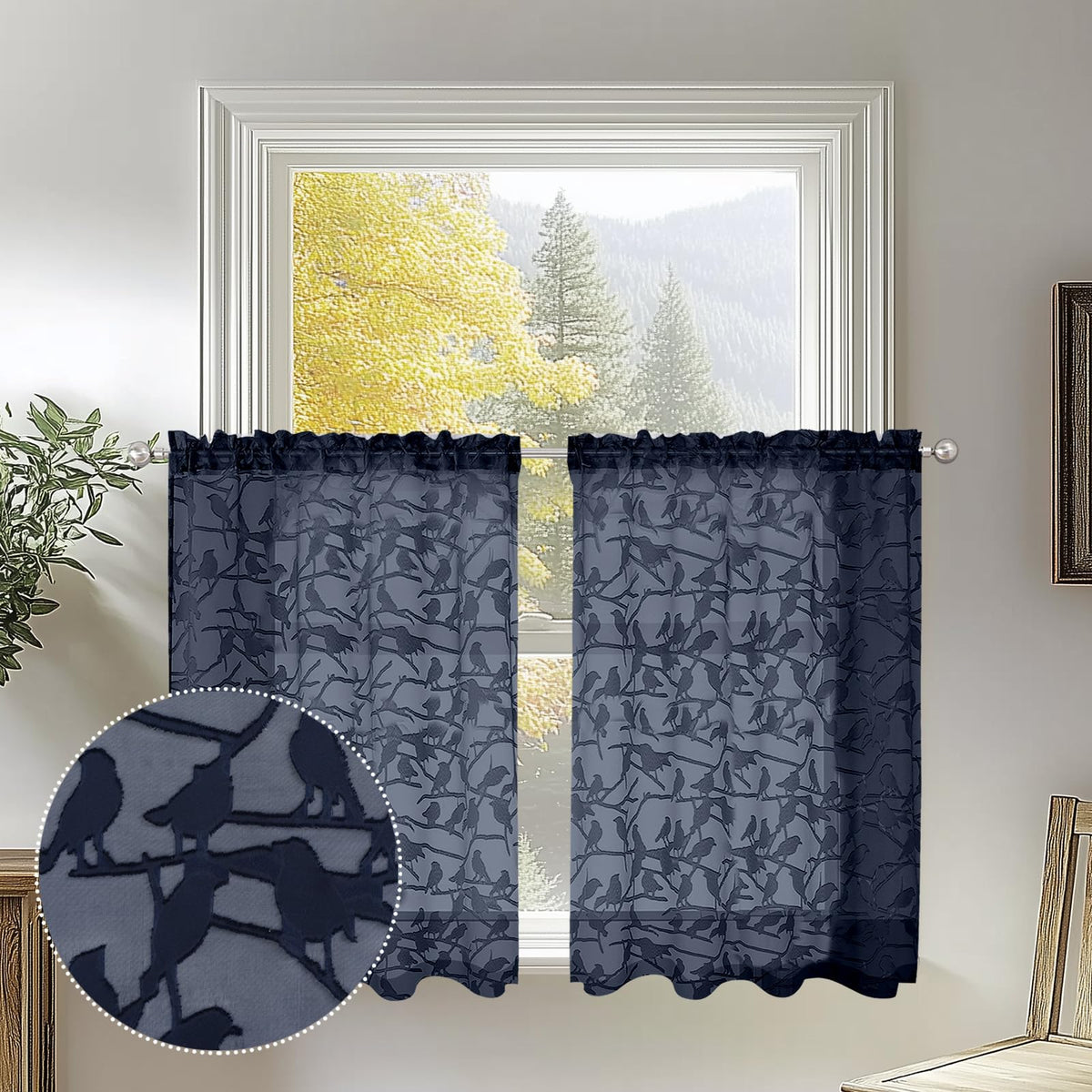 OVZME Sage Green Sheer Curtains 63 Inch Length 2 Panel Set, Light Filtering Bedroom Curtains with Dual Rod Pocket Top, Leaf Bird Clip Jacquard Sheer Farmhouse Window Drapes for Living Room, 2x38Wx63L