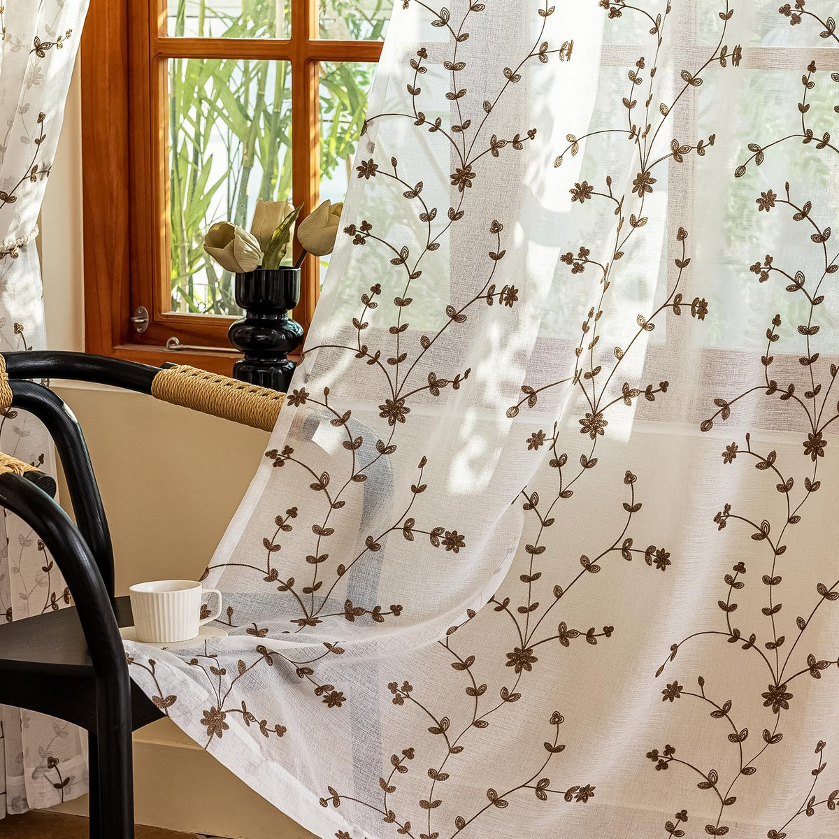 AmHoo 2 Panels Leaf Flora Embroidered Farmhouse Semi Sheer Curtain Voile Curtains for Living Room Bedroom Window Treatment White Sage Green 53 x 84 Inch