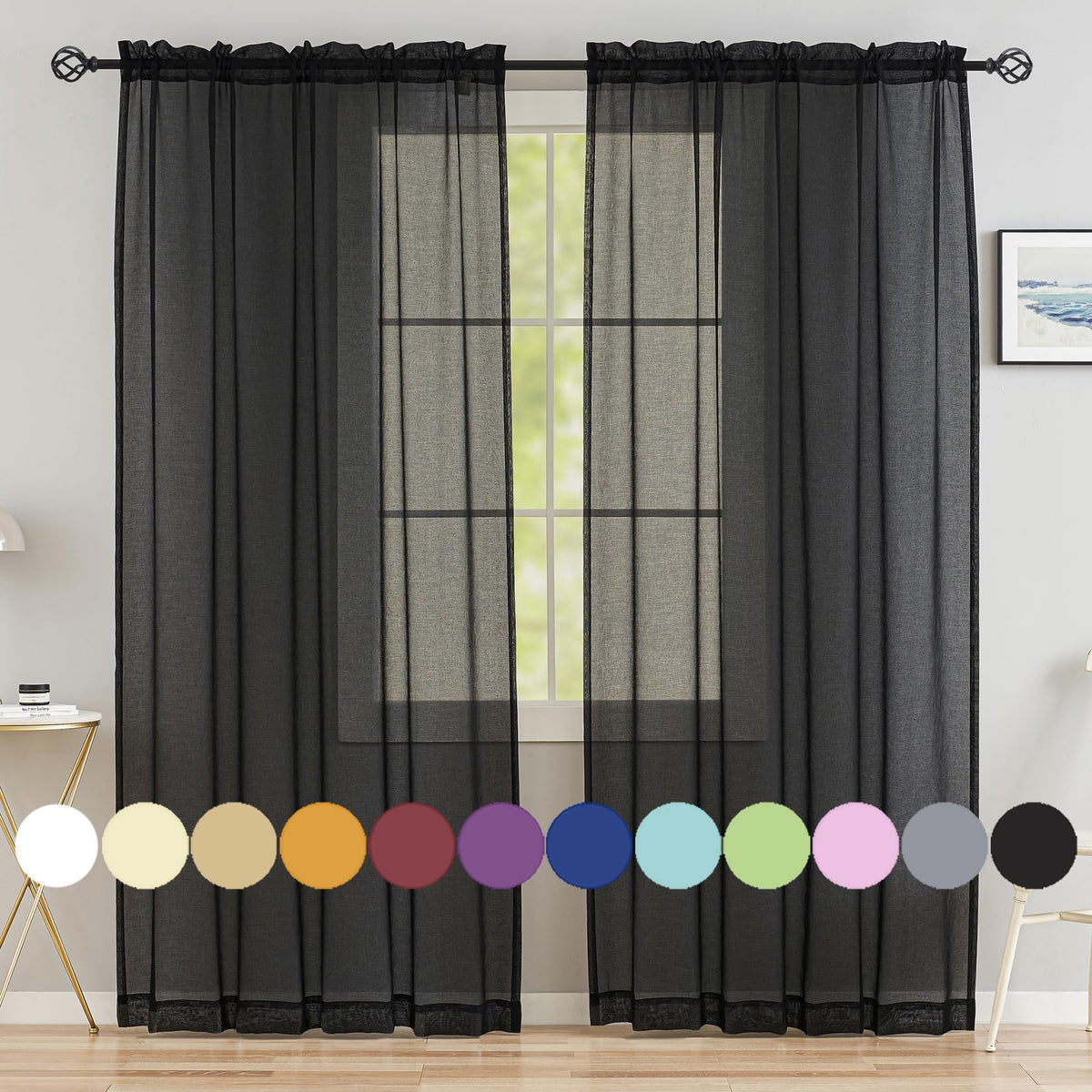 MYSTIC-HOME Sheer Curtains White 63 Inch Length, Rod Pocket Voile Drapes for Living Room, Bedroom, Window Treatments Semi Crinkle Curtain Panels for Yard, Patio, Villa, Parlor, Set of 2, 52"x 63"