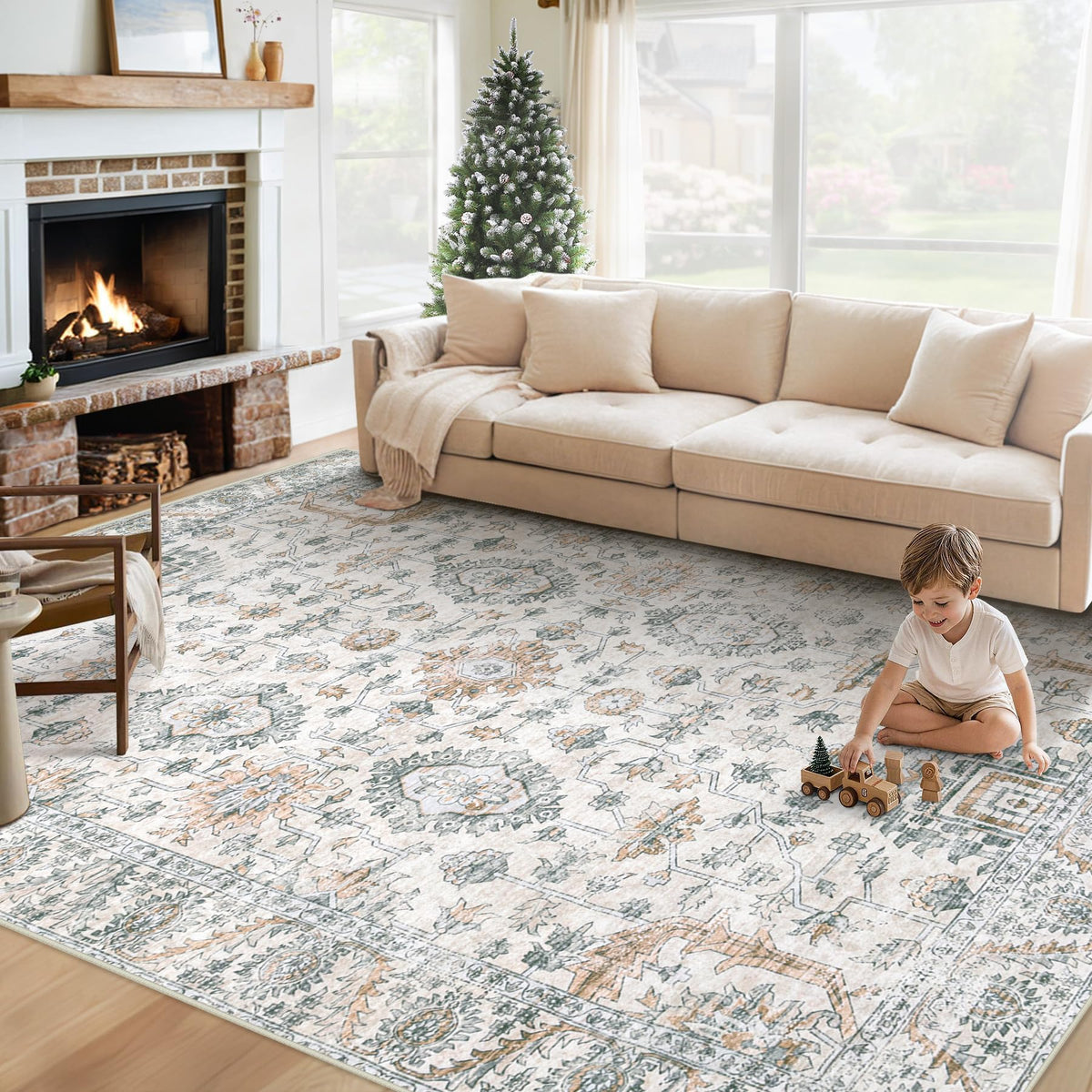XLUEZ Area Rug 8x10 Living Room Rug, Machine Washable Vintage Distressed Medallion Rug Non-Slip Soft Low Pile Large Indoor Rugs for Bedroom Dining Room Office Children's Room (Beige,8'x10')