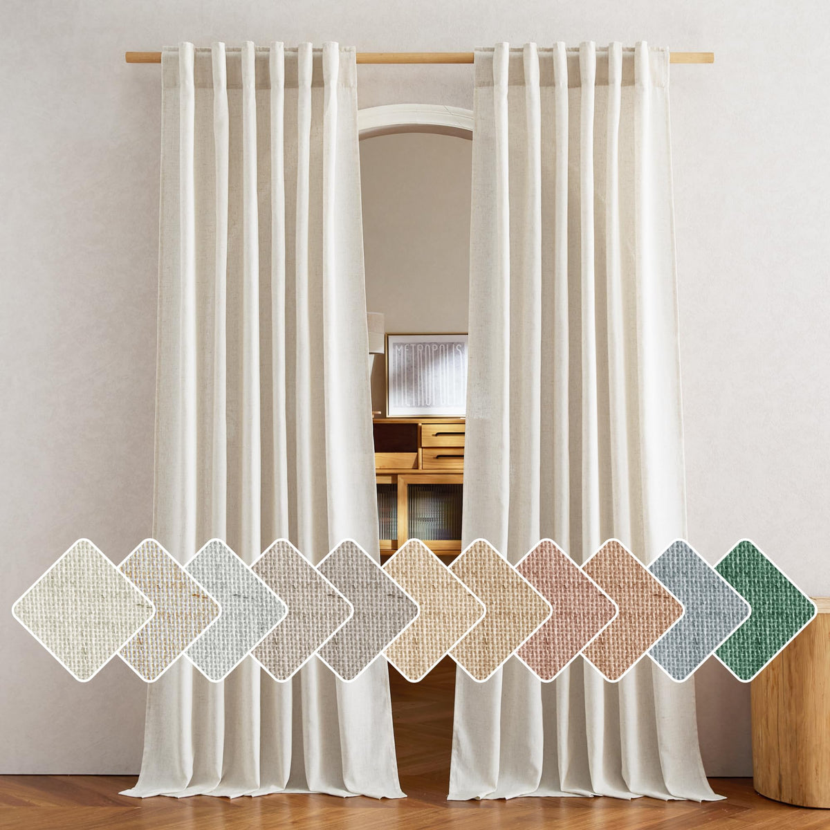 NICETOWN Natural Linen Curtains & Drapes for Windows 84 inch Long, Rod Pocket & Back Tab Thick Flax Semi Sheer Privacy Assured with Light Filtering for Bedroom/Living Room, W55 x L84, 2 Pieces