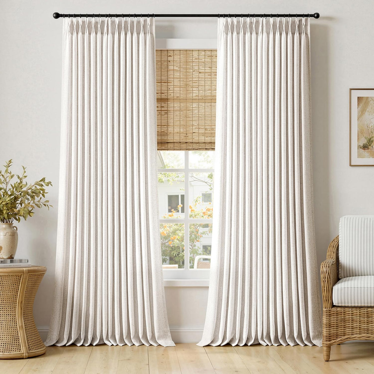 MIULEE Pinch Pleated Thick Linen Curtains 96 Inches Burlap Brown Curtains