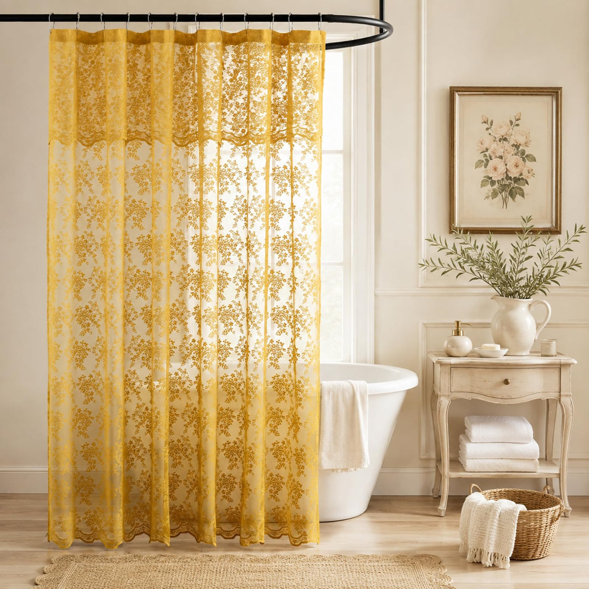Ivory Lace Shower Curtain 72x72, Vintage Shabby Chic with Attached Valance
