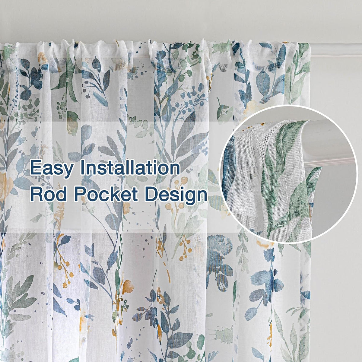 MYSKY HOME Yellow and Blue Sheer Floral Curtains 84 Inch Length 2 Panels