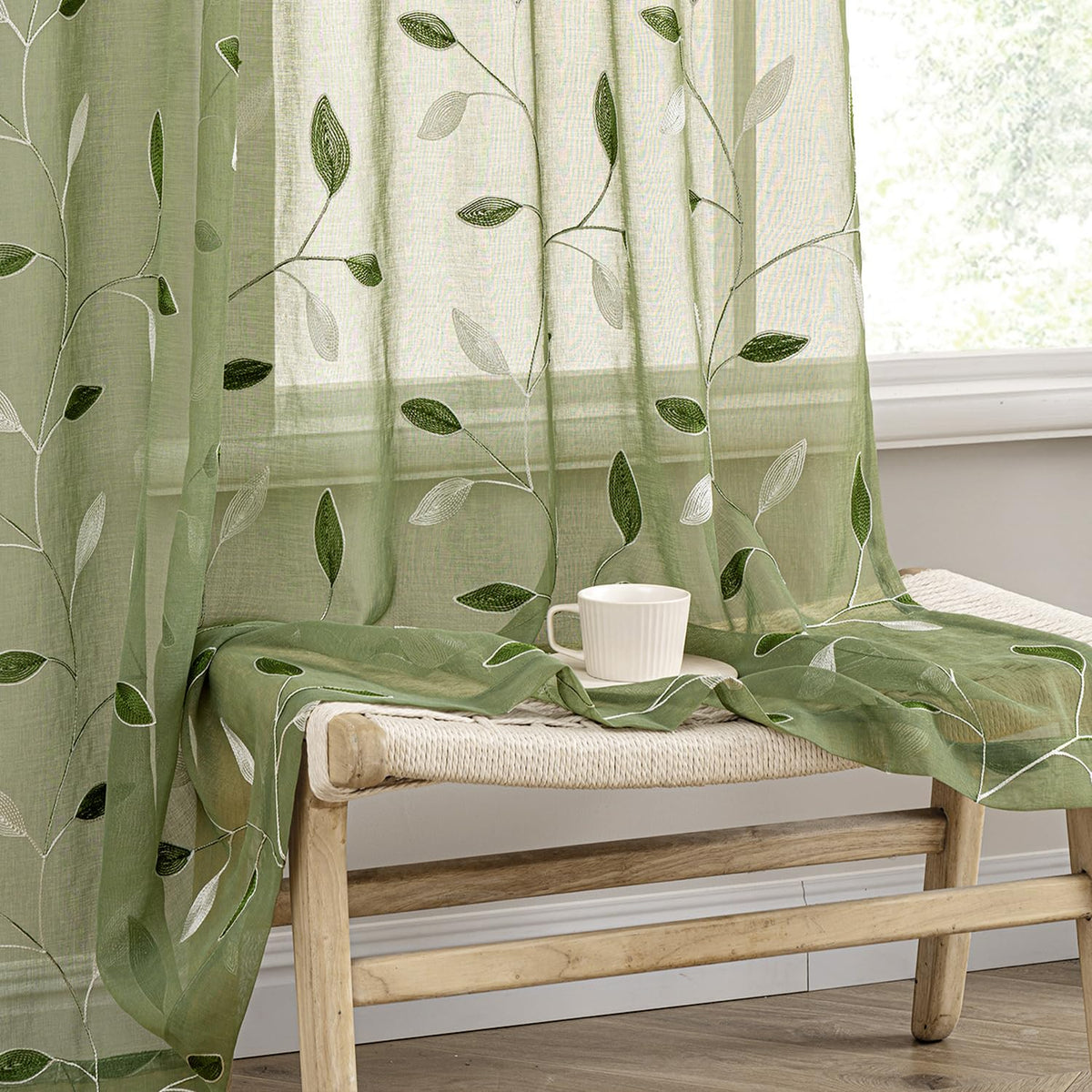 MIULEE Beige Sheer Curtains 2 Panels Embroidered Leaf Patterned, W52 x L84