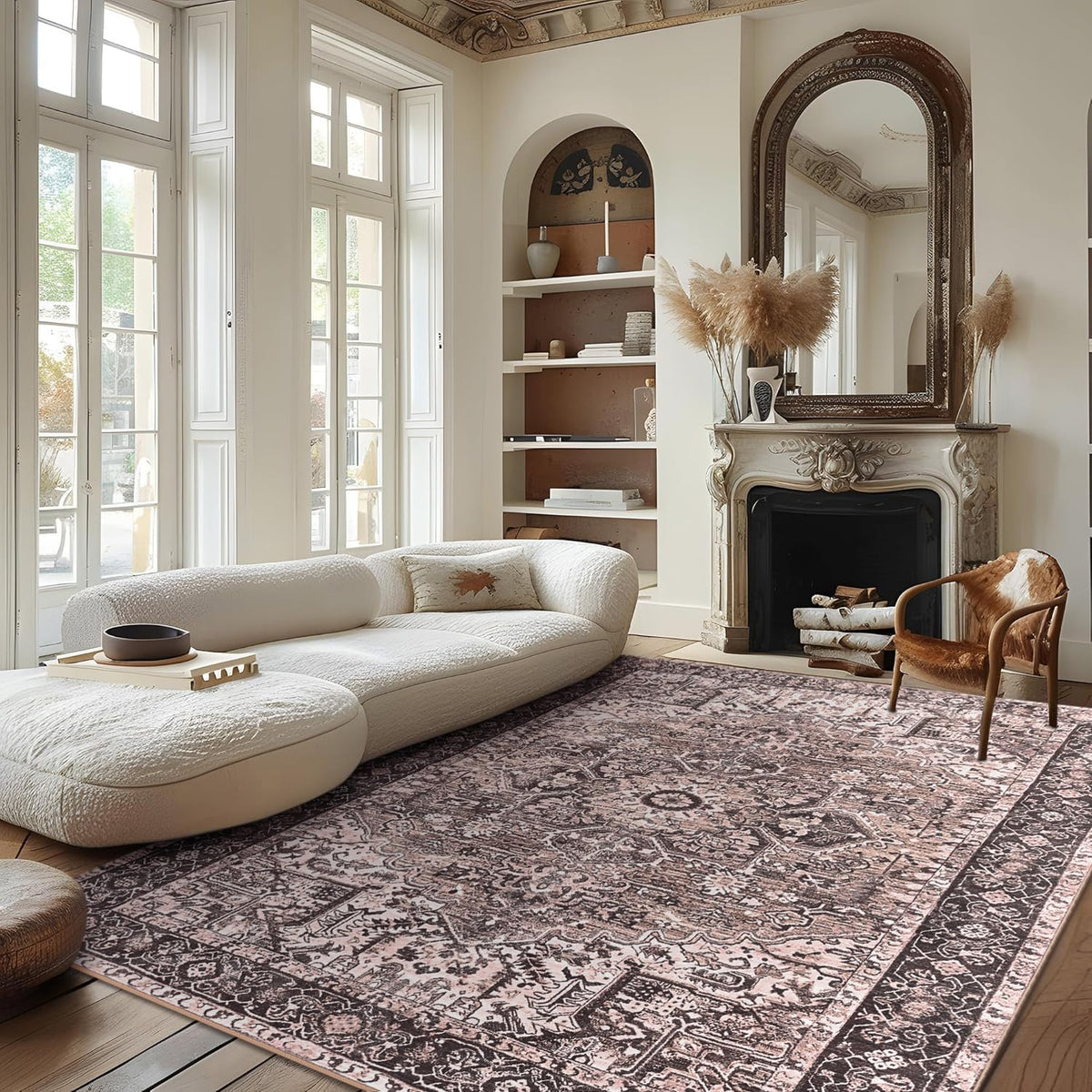 Hanples 5x7 Area Rugs for Living Room, Washable Rug Vintage Floral, Beige