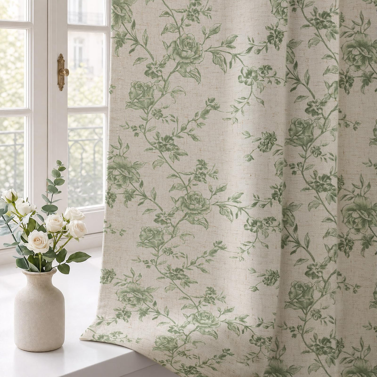 Boho Floral Light Filtering Curtains 84 Inch 2 Panels Linen Texture