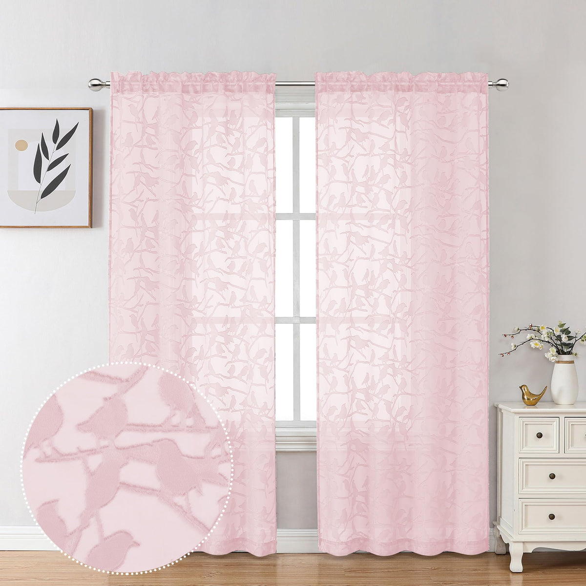 OVZME Sage Green Sheer Curtains 63 Inch Length 2 Panel Set, Light Filtering Bedroom Curtains with Dual Rod Pocket Top, Leaf Bird Clip Jacquard Sheer Farmhouse Window Drapes for Living Room, 2x38Wx63L