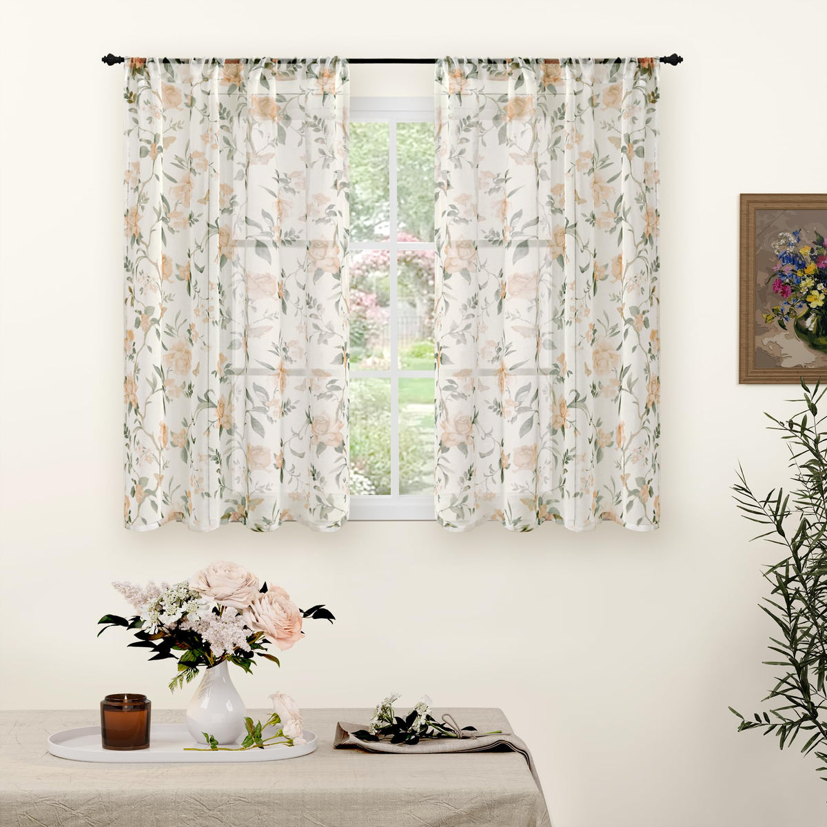 Lajode Pink Floral Sheer Curtains for Girls Room - 52x84 Inch 2 Panels