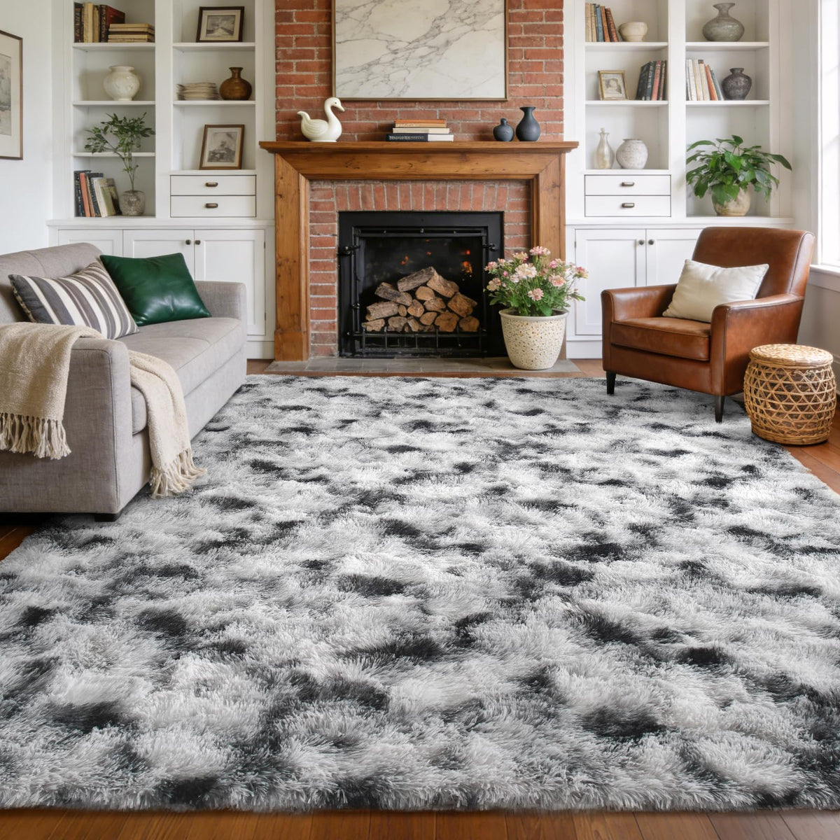 9x12 Extra Large Fluffy Area Rugs for Living Room Tie-Dyed Light Grey