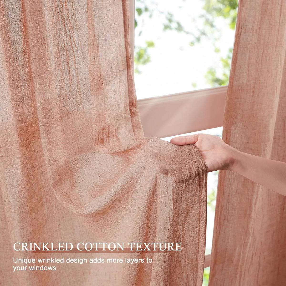 Melodieux Blush Pink Cotton Sheer Curtains 84 Inches Long, Bedroom Living Room Natural Light Filtering Crepe Voile Drapes Rustic Crinkle Linen Sheer Curtains Rod Pocket, 52" W x 84" L, 2 Panels
