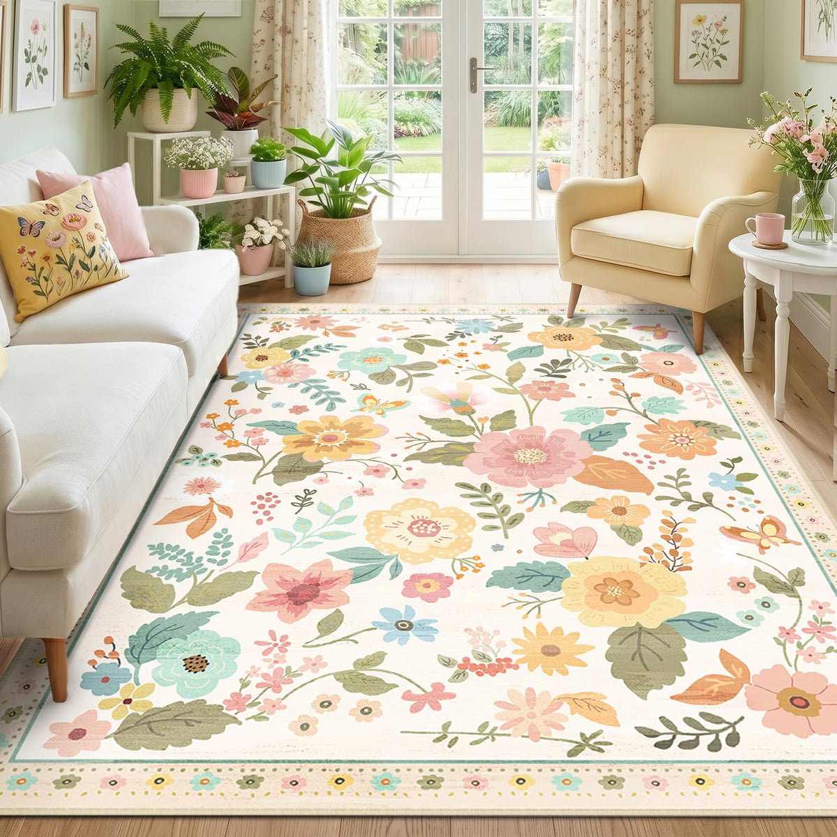 RELEANY Floral Washable 5x7 Area Rugs Pink