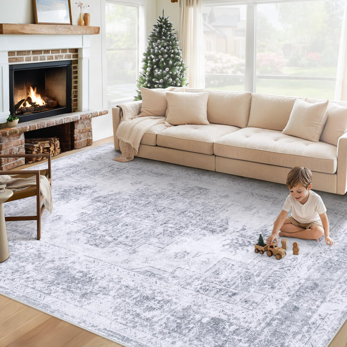 XLUEZ Area Rug 8x10 Living Room Rug, Machine Washable Vintage Distressed Medallion Rug Non-Slip Soft Low Pile Large Indoor Rugs for Bedroom Dining Room Office Children's Room (Beige,8'x10')