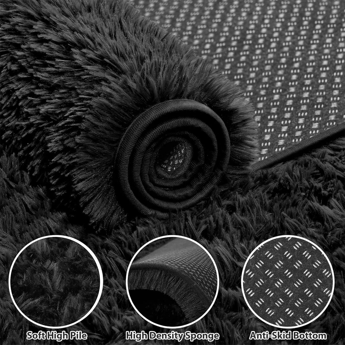 5x7 Area Rug Living Room: Bedroom Fluffy Shag Fuzzy Carpet Black