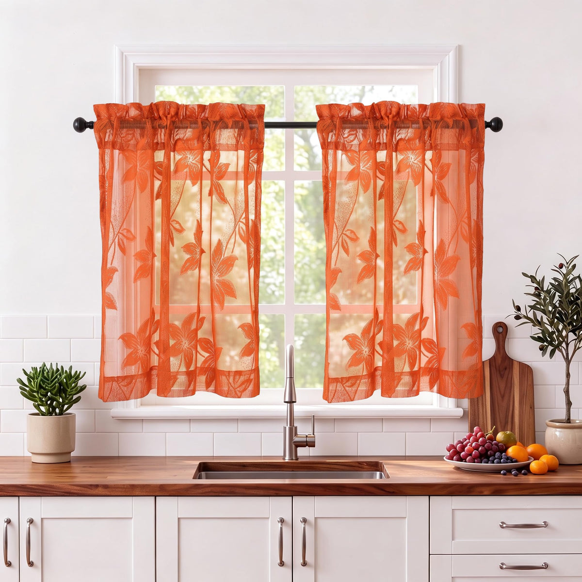 DWCN White Sheer Curtains - Short Curtains Floral Lace Design Rod Pocket Window Voile Sheer Drapes for Bedroom Kitchen Small Window 42 x 54 inch Length, 2 Panels White