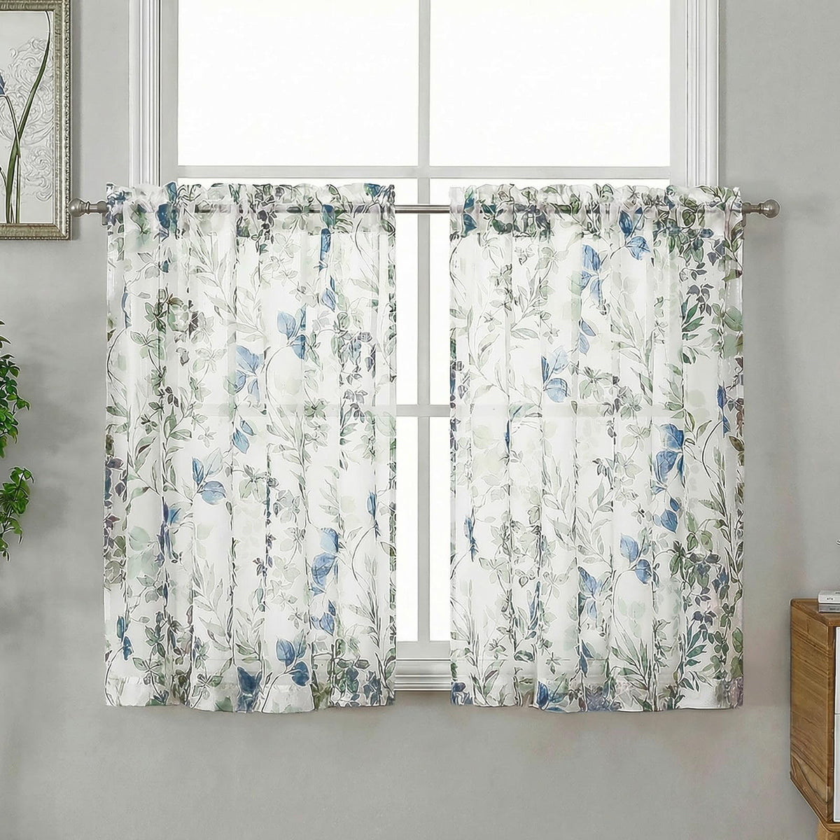 OWENIE Crushed Sheer Curtains 63 Inch Length 2 Panels Set, Sheer Floral Curtians with Printed Leaves Design, Printing Drapes for Living Room, Rod Pocket Light Filtering Window Sheers 42" W x 63" L