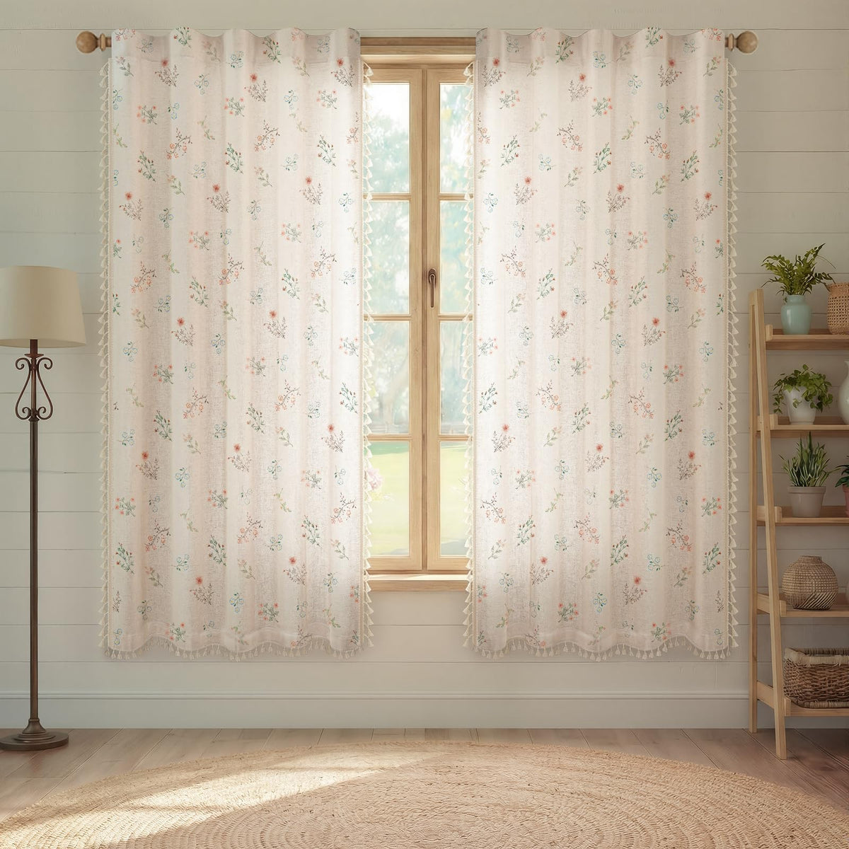 Boho Floral Light Filtering Curtains 84 Inch 2 Panels Linen Texture