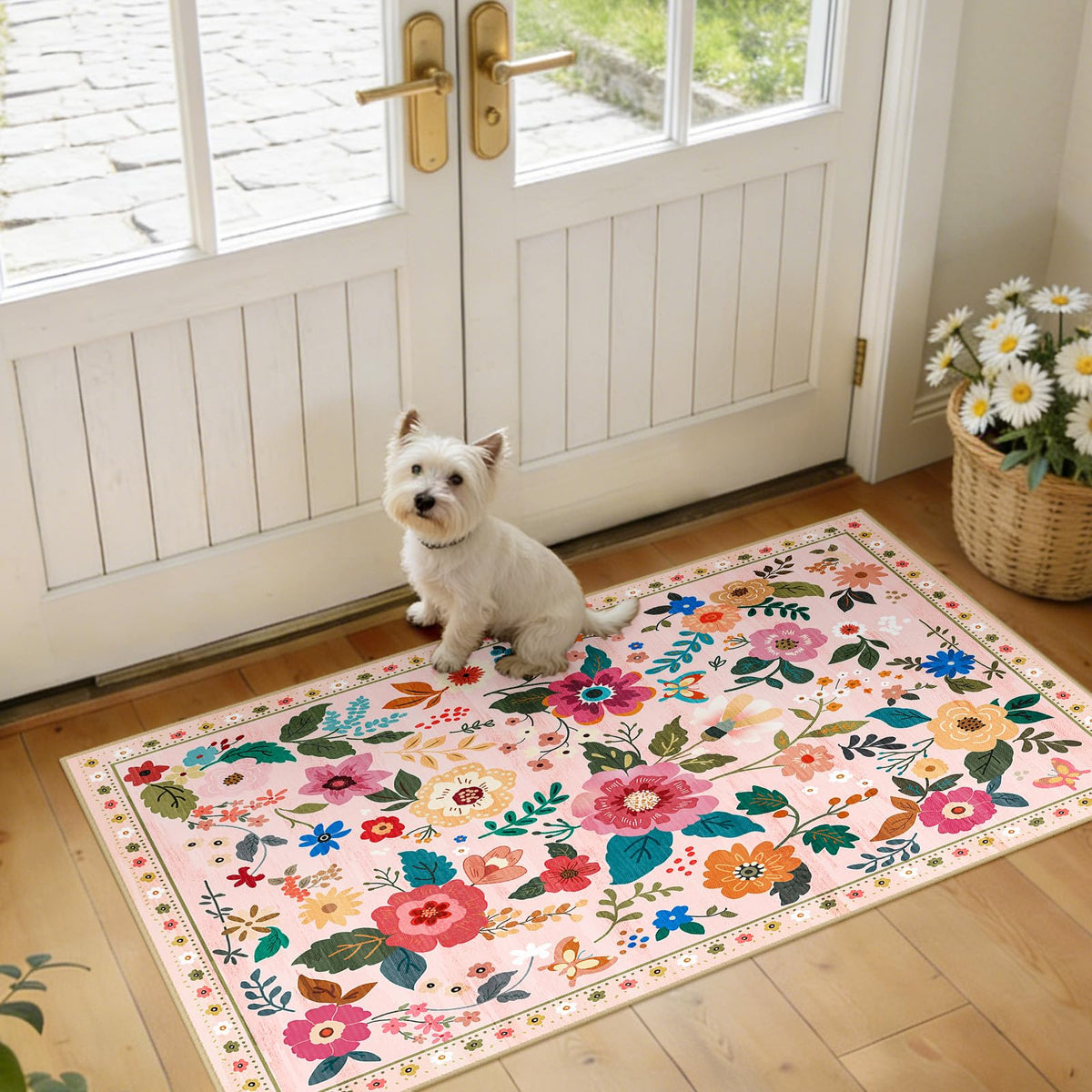 RELEANY Floral Washable 5x7 Area Rugs Pink