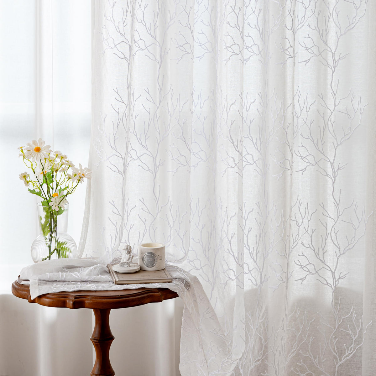 VISIONTEX Sheer Curtains Boho Leaf Floral Embroidered Cream Beige 54Wx84L