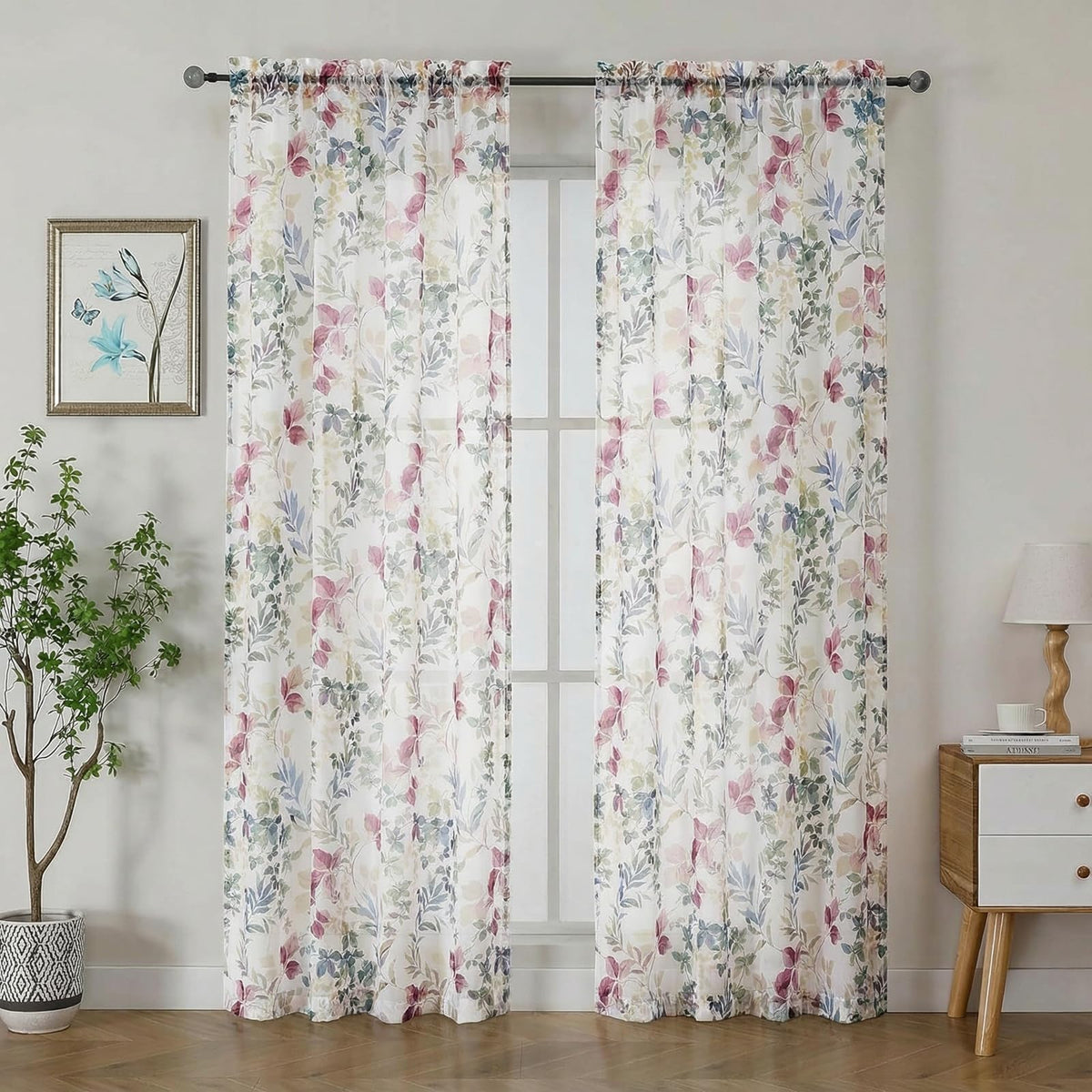 OWENIE Crushed Sheer Curtains 63 Inch Length 2 Panels Set, Sheer Floral Curtians with Printed Leaves Design, Printing Drapes for Living Room, Rod Pocket Light Filtering Window Sheers 42" W x 63" L