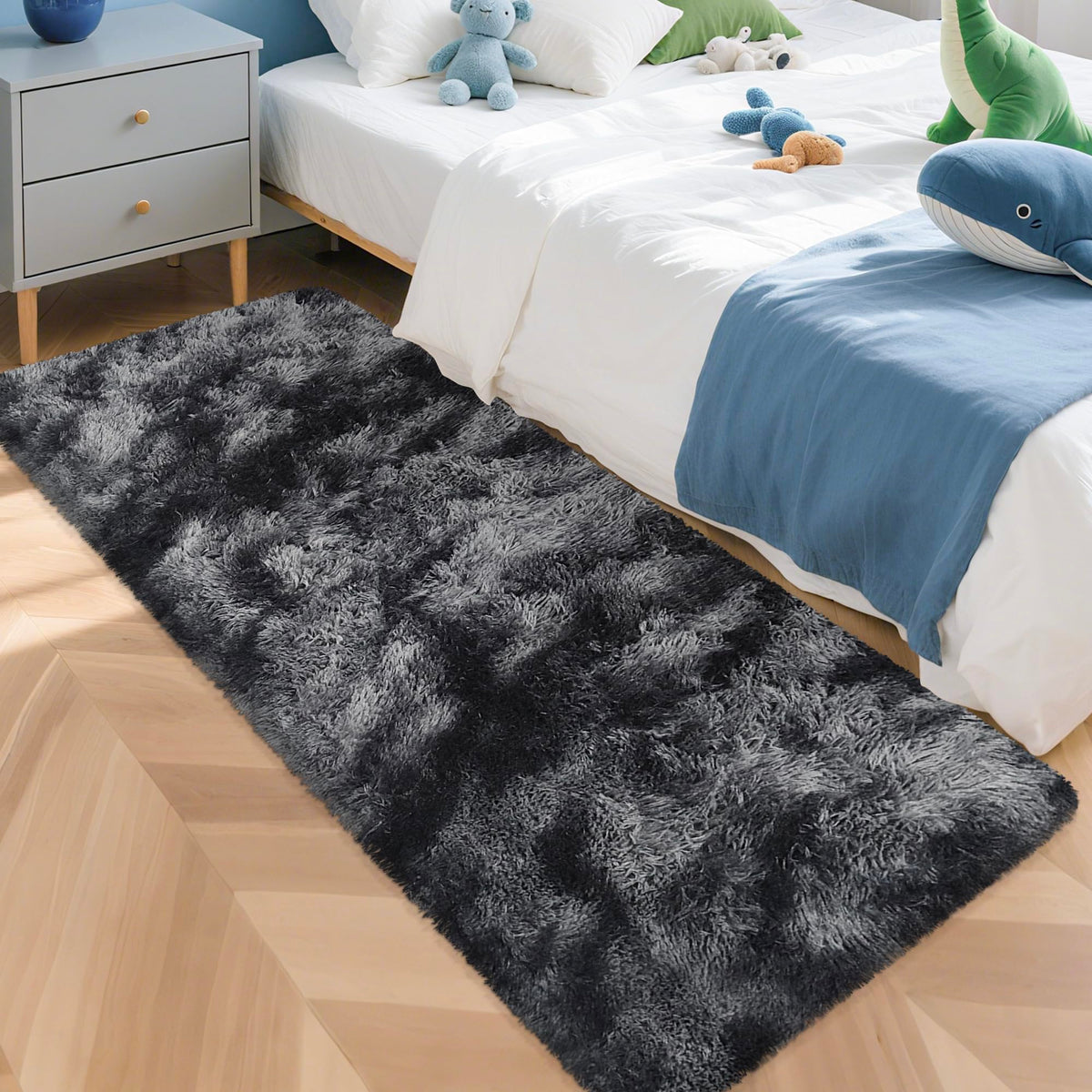 Tie-Dyed Runner Rug for Bedroom Black Grey 2x6ft Fluffy Area Rug Bedside Runner Rug for Kids Room Boys Teens Nursery Baby Living Room Dorm Home Decor Carpets
