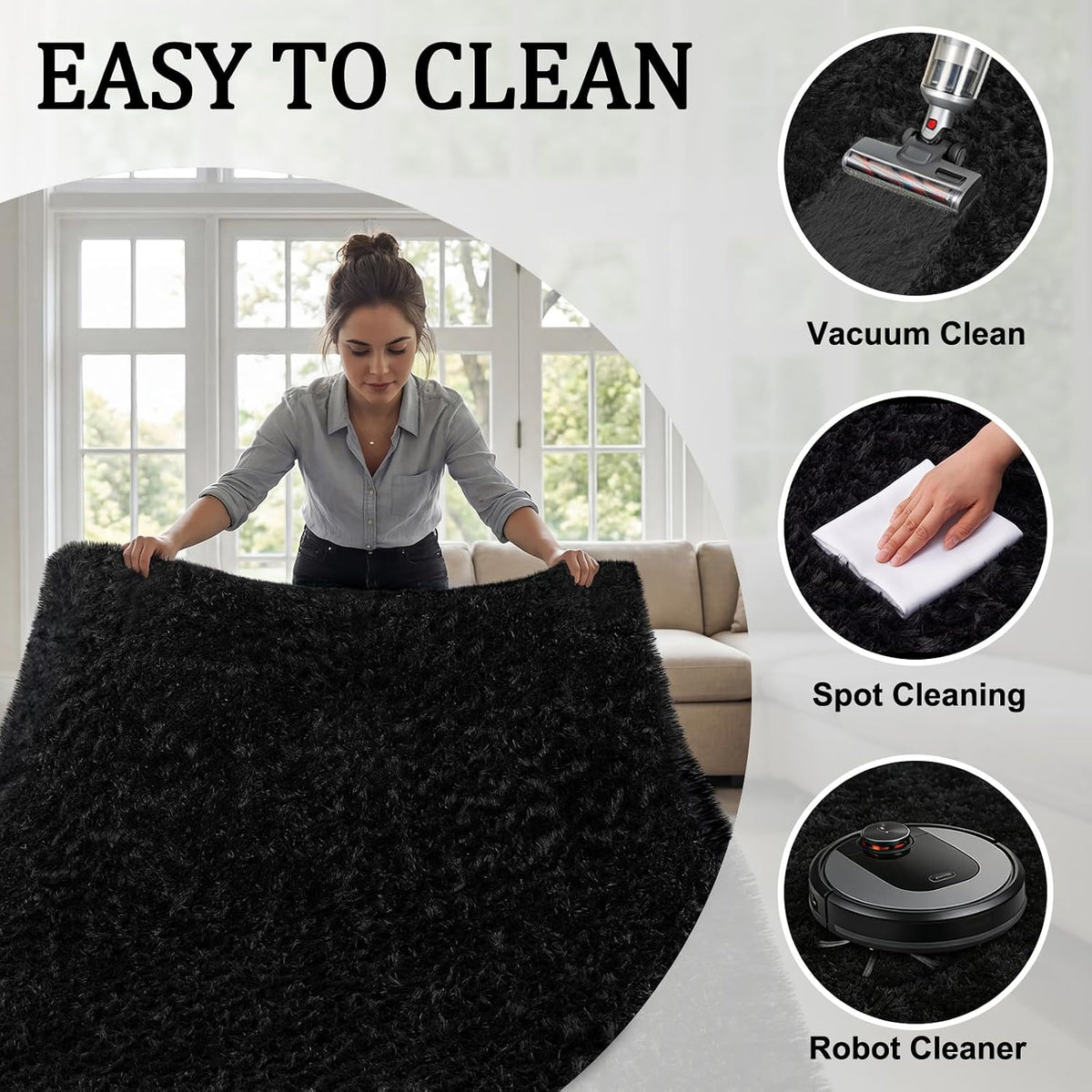 5x7 Area Rug Living Room: Bedroom Fluffy Shag Fuzzy Carpet Black