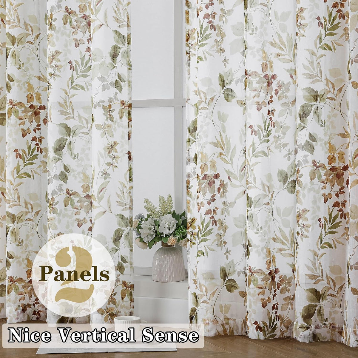OWENIE Crushed Sheer Curtains 63 Inch Length 2 Panels Set, Sheer Floral Curtians with Printed Leaves Design, Printing Drapes for Living Room, Rod Pocket Light Filtering Window Sheers 42" W x 63" L