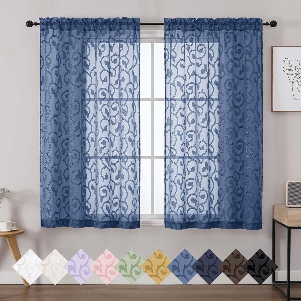 Dusty Blue Sheer Curtains for Bedroom Living Room 72 Inches Long 2 Panels Set, Soft Airy Geometric Jacquard Clip Curtains Drapes, Modern Rod Pocket Door Curtain, 2Pcs Each 42" Wx72 L Inch