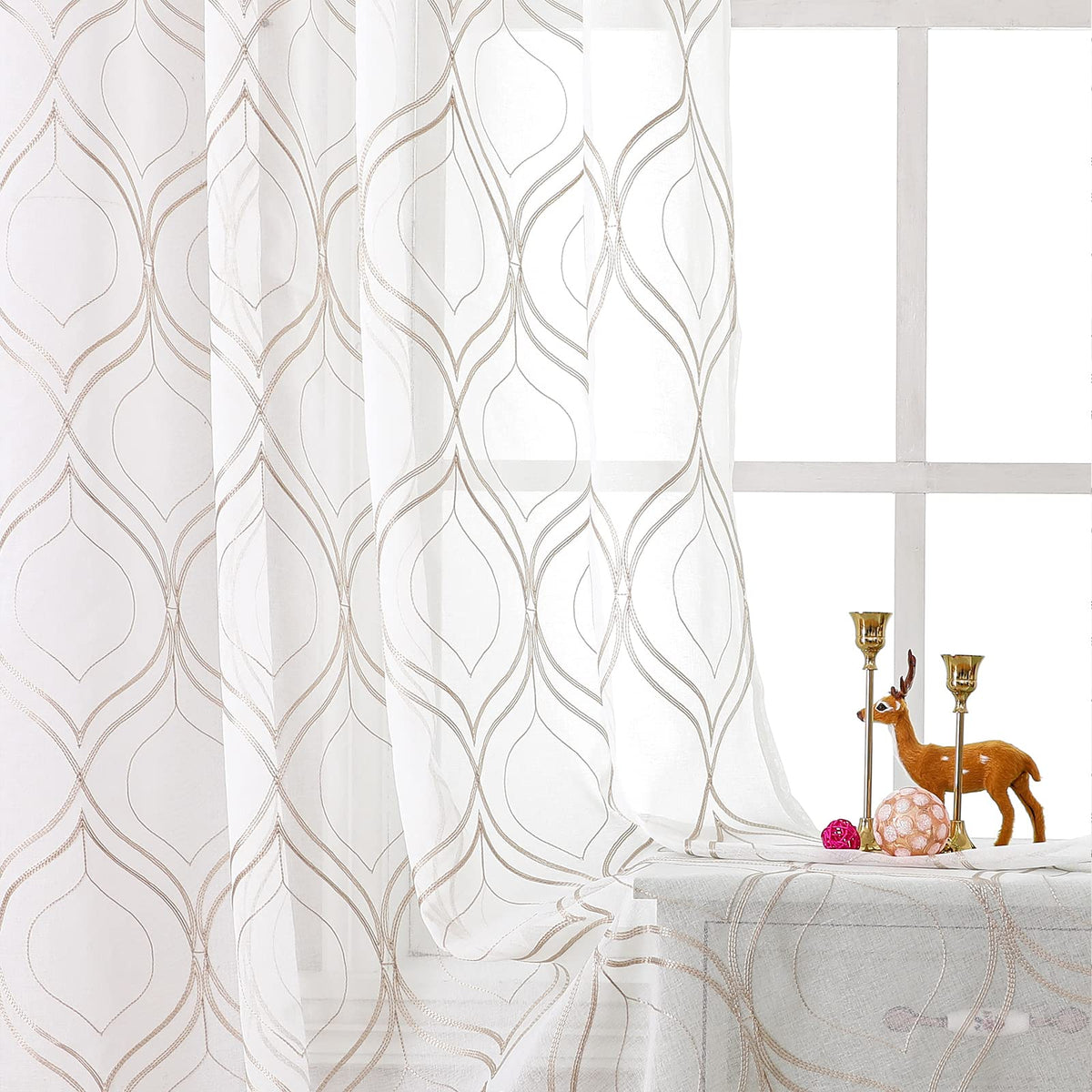 VISIONTEX White Sheer Curtains Grey Moroccan Embroidered 63 Inch Length