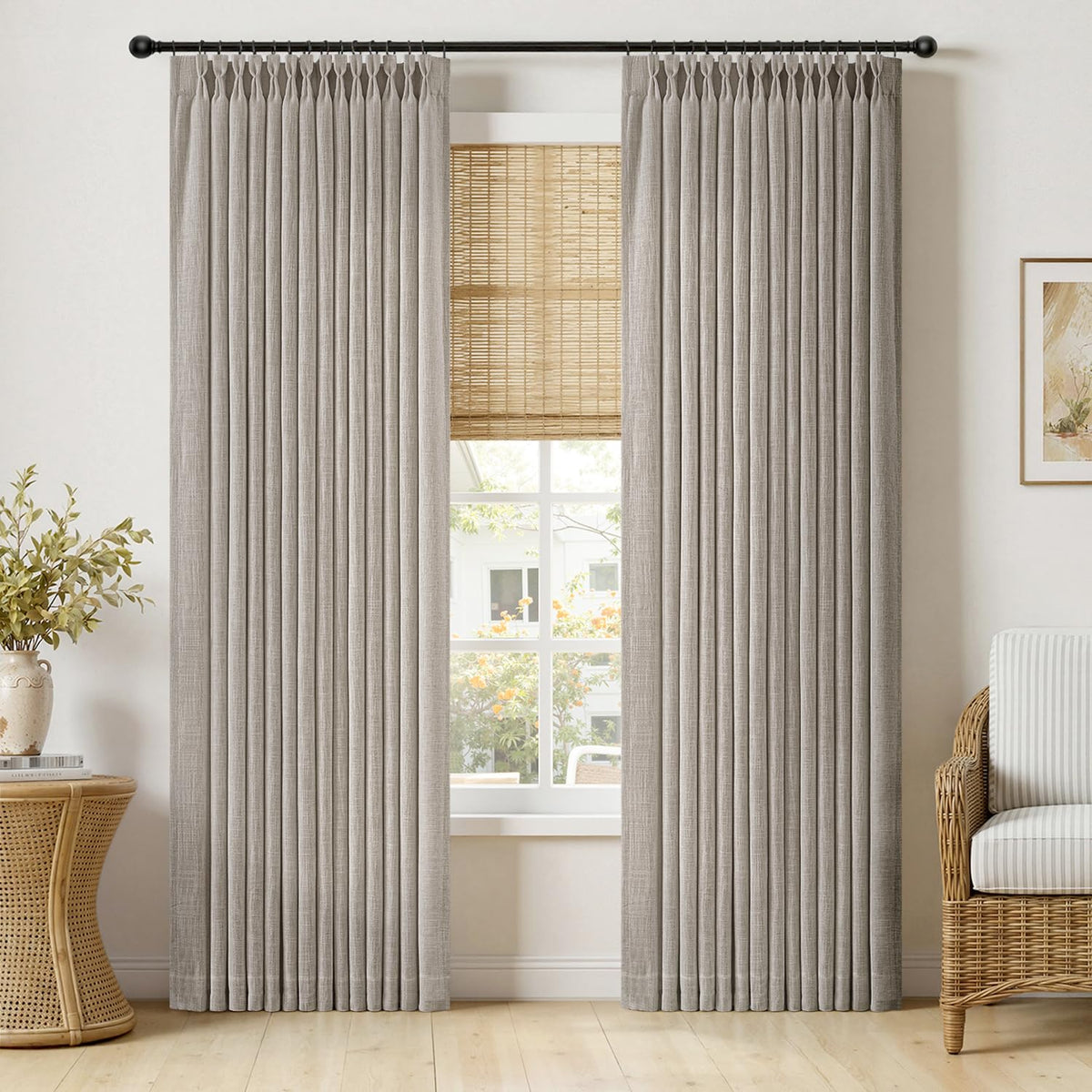 MIULEE Pinch Pleated Thick Linen Curtains 96 Inches Burlap Brown Curtains