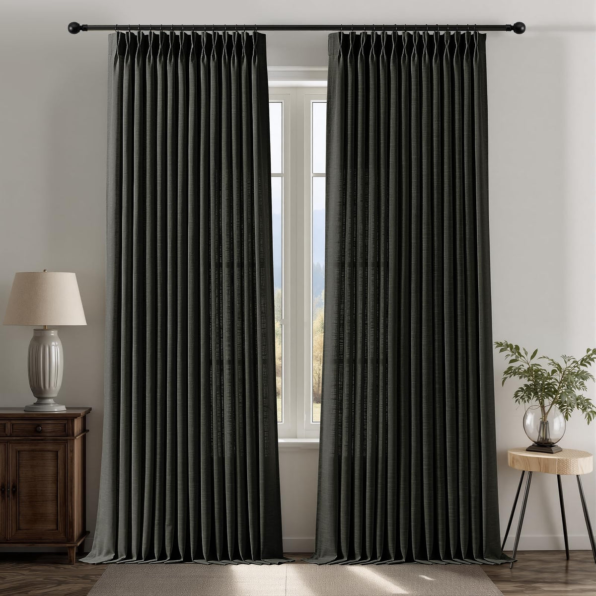 Pinch Pleated Linen Curtains 96 Inches Semi Sheer Light Filtering, 2 Panels