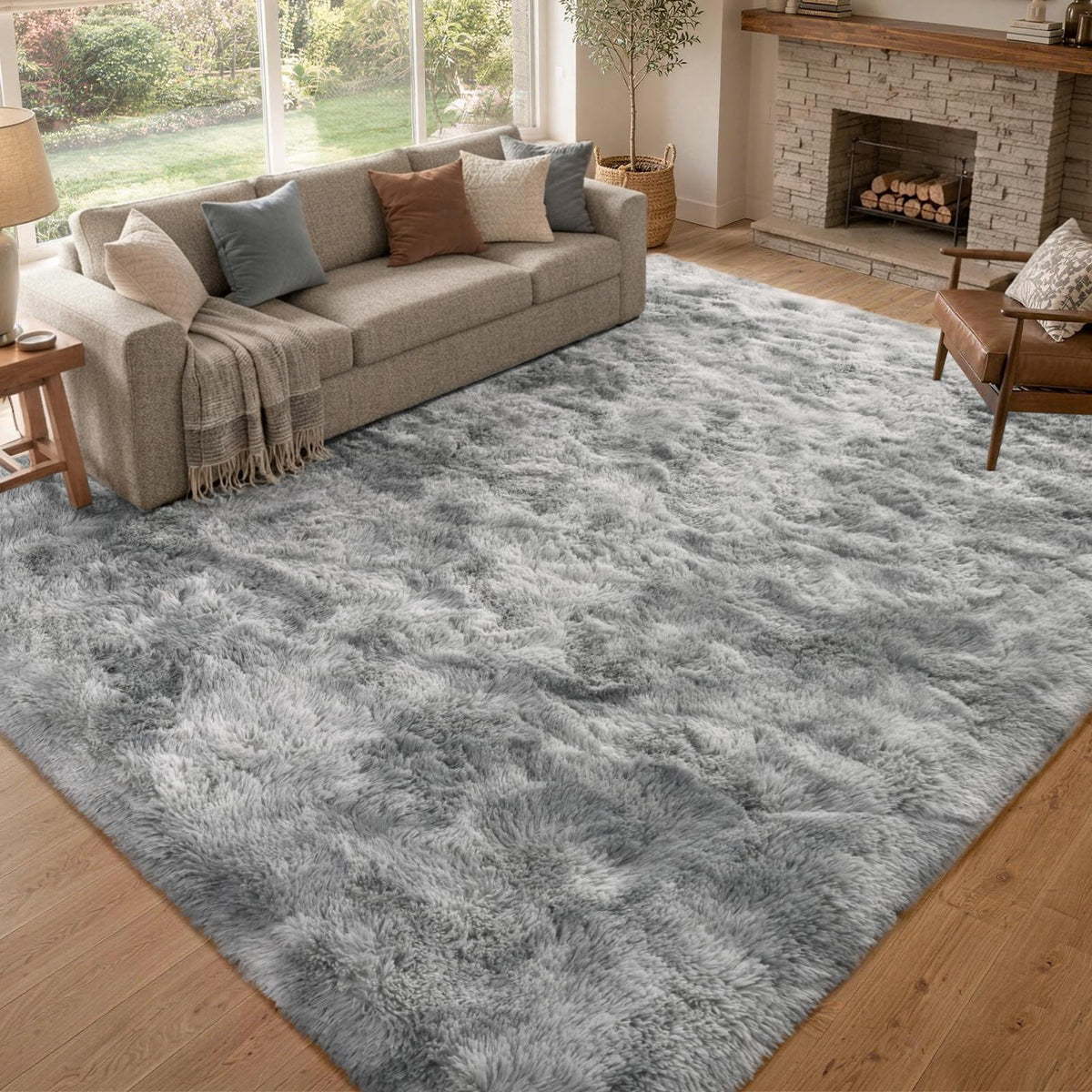 9x12 Extra Large Fluffy Area Rugs for Living Room Tie-Dyed Light Grey