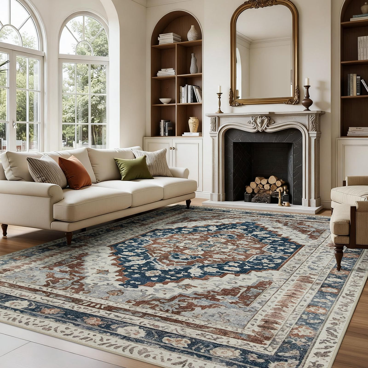 Joydeco Boho Washable Abstract Beige 5x7 Area Rugs for Living Room Bedroom
