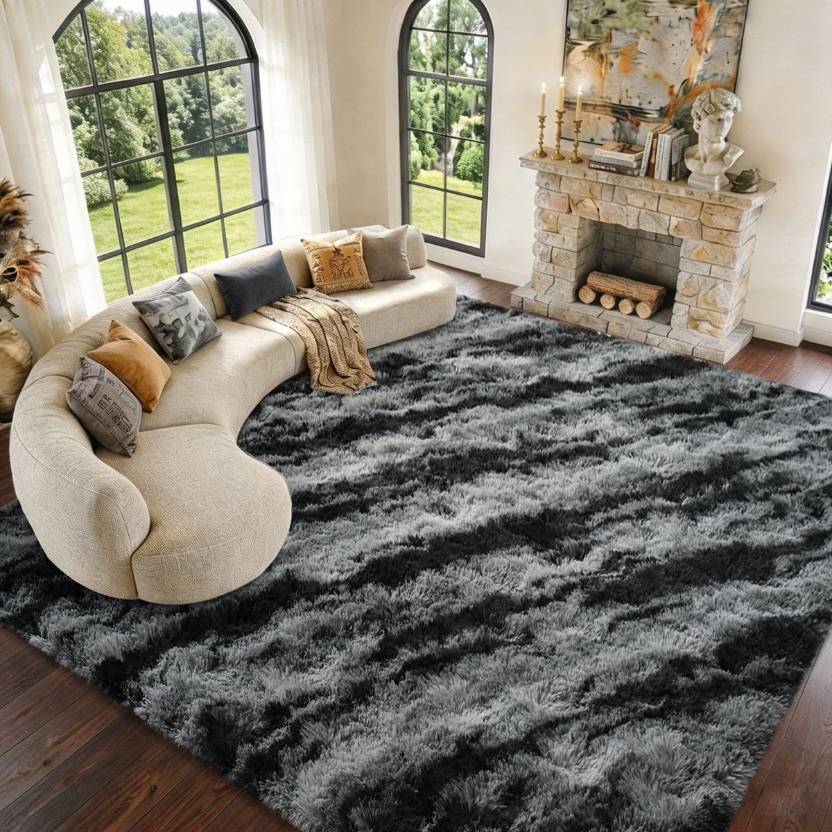 9x12 Extra Large Fluffy Area Rugs for Living Room Tie-Dyed Light Grey